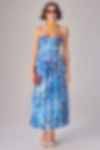 Blue Cambric Floral Abstract Printed Strapless Maxi Dress by Saaksha & Kinni at Pernia's Pop Up Shop
