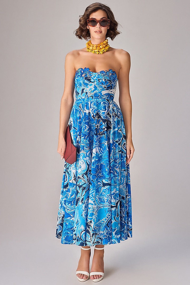 Blue Cambric Floral Abstract Printed Strapless Maxi Dress by Saaksha & Kinni at Pernia's Pop Up Shop