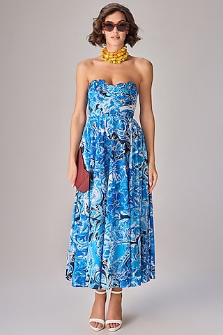 Blue Cambric Floral Abstract Printed Strapless Maxi Dress by Saaksha & Kinni