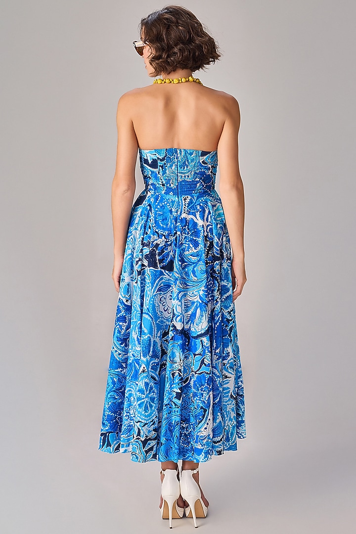 Blue Cambric Floral Abstract Printed Strapless Maxi Vacation Dress by Saaksha & Kinni at Pernia's Pop Up Shop