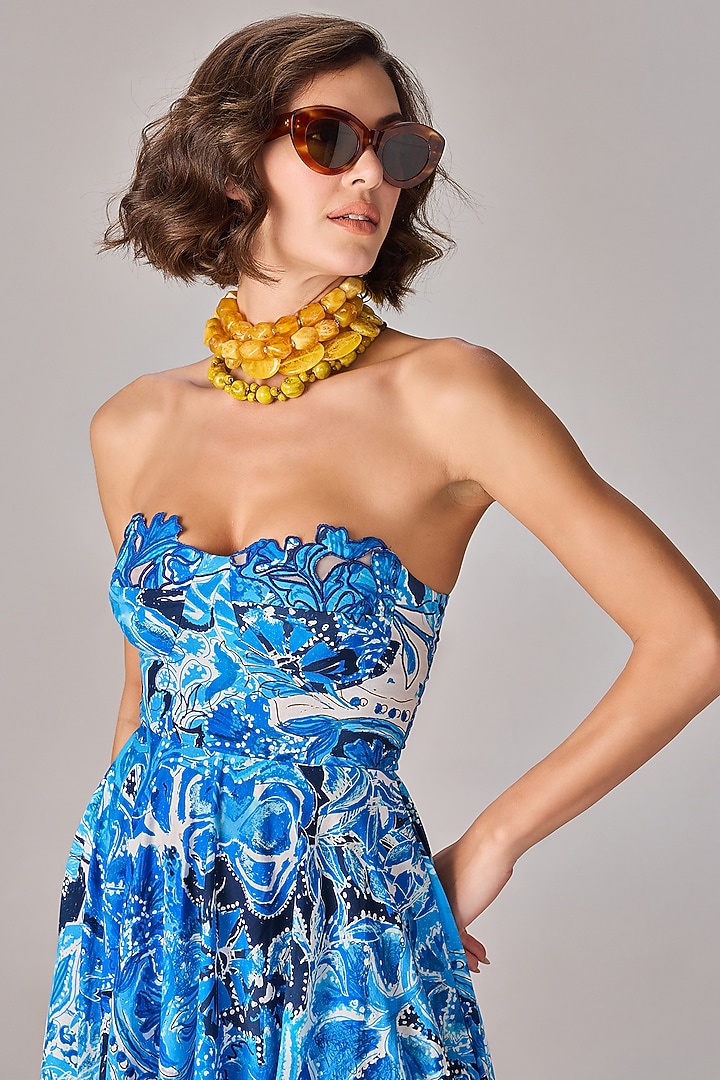 Blue Cambric Floral Abstract Printed Strapless Maxi Vacation Dress by Saaksha & Kinni at Pernia's Pop Up Shop
