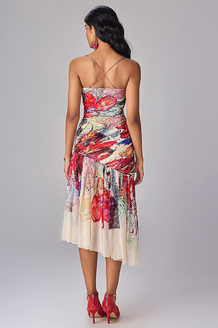 Multi-Colored Chiffon Abstract Floral Printed Asymmetric Midi Vacation Dress by Saaksha & Kinni at Pernia's Pop Up Shop
