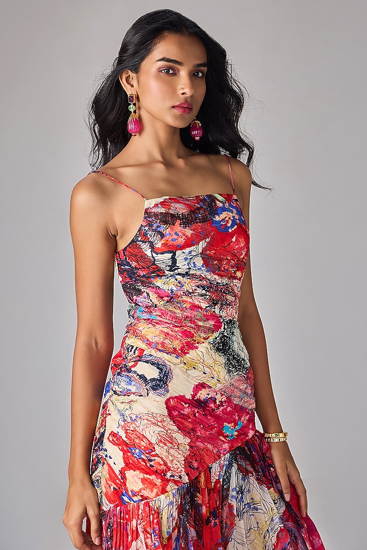Multi-Colored Chiffon Abstract Floral Printed Asymmetric Midi Vacation Dress by Saaksha & Kinni at Pernia's Pop Up Shop