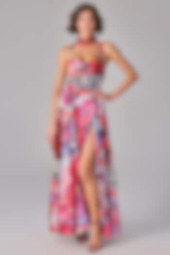 Multi-Colored Taffeta Floral Printed Slit Maxi Dress by Saaksha & Kinni at Pernia's Pop Up Shop