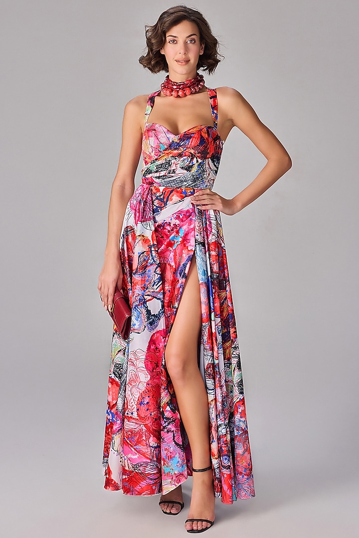 Multi-Colored Taffeta Floral Printed Slit Maxi Dress by Saaksha & Kinni at Pernia's Pop Up Shop