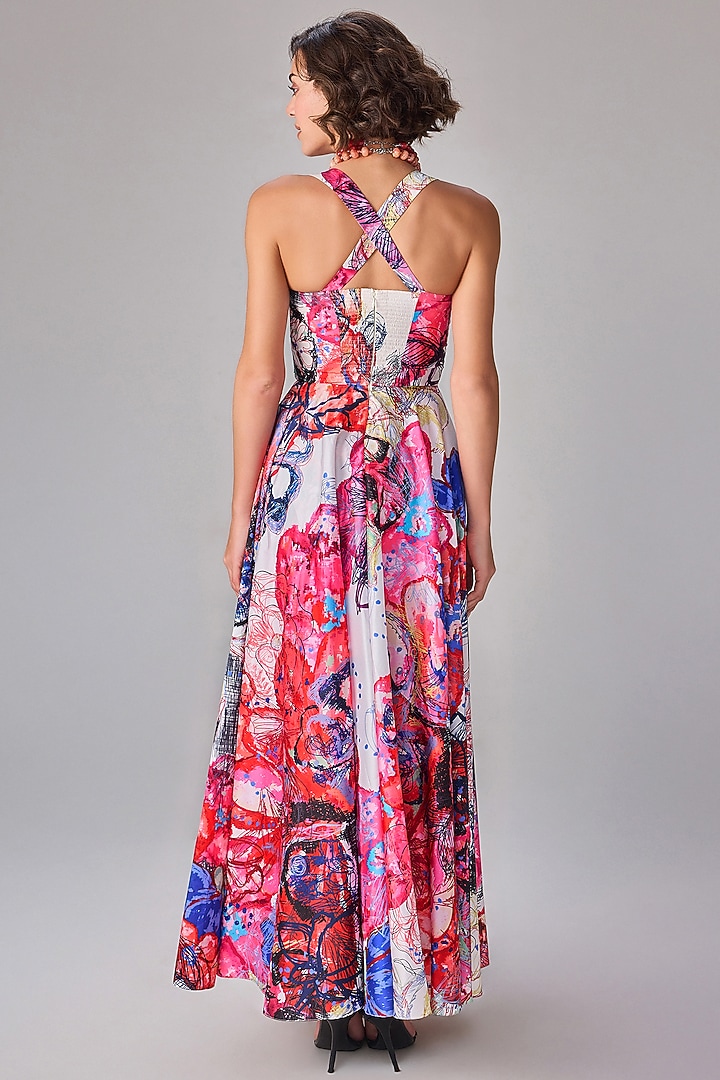 Multi-Colored Taffeta Floral Printed Slit Maxi Vacation Dress by Saaksha & Kinni at Pernia's Pop Up Shop
