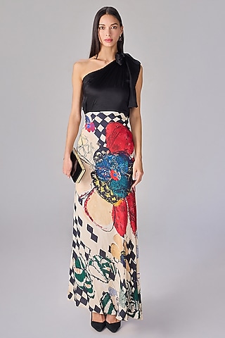 Multi-Colored Satin Asbtract Floral Printed One-Shoulder Maxi Dress by Saaksha & Kinni