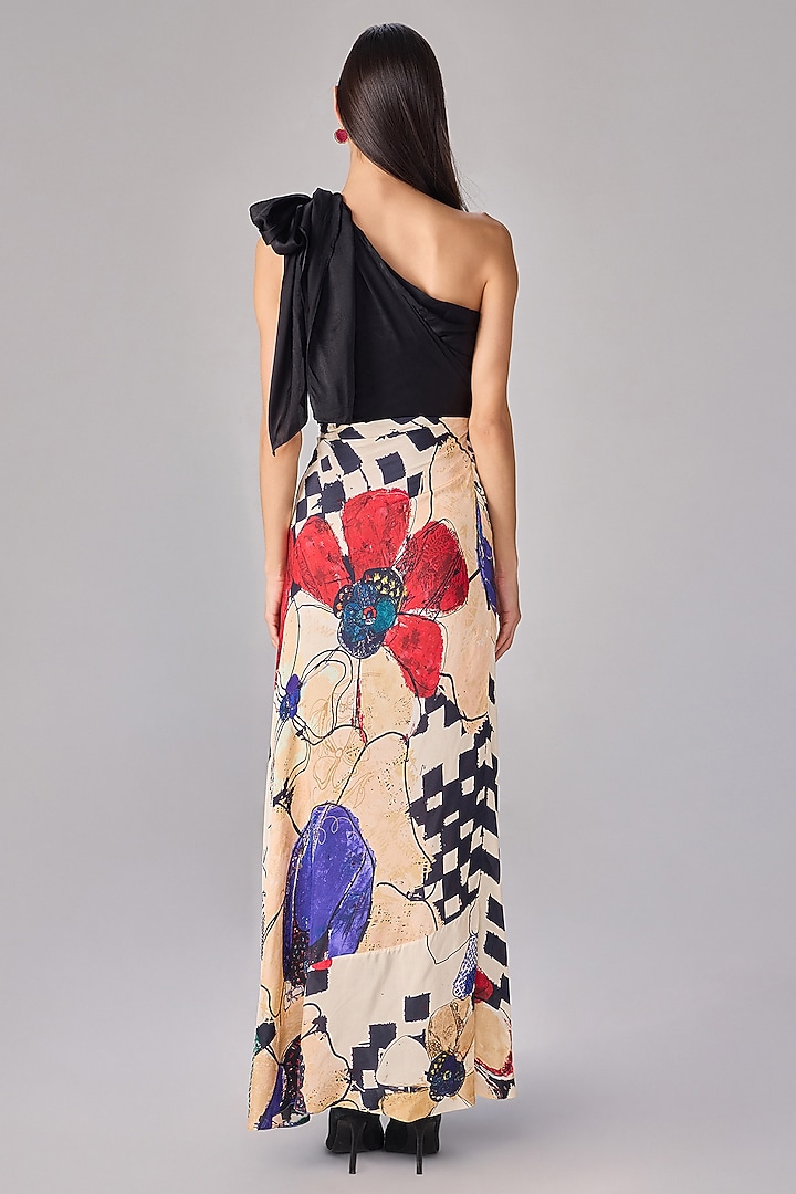 Multi-Colored Satin Asbtract Floral Printed One-Shoulder Maxi Vacation Dress by Saaksha & Kinni at Pernia's Pop Up Shop