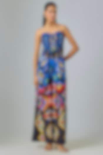 Black Cambric & Chiffon Aztec Printed Jumpsuit by Saaksha & Kinni at Pernia's Pop Up Shop