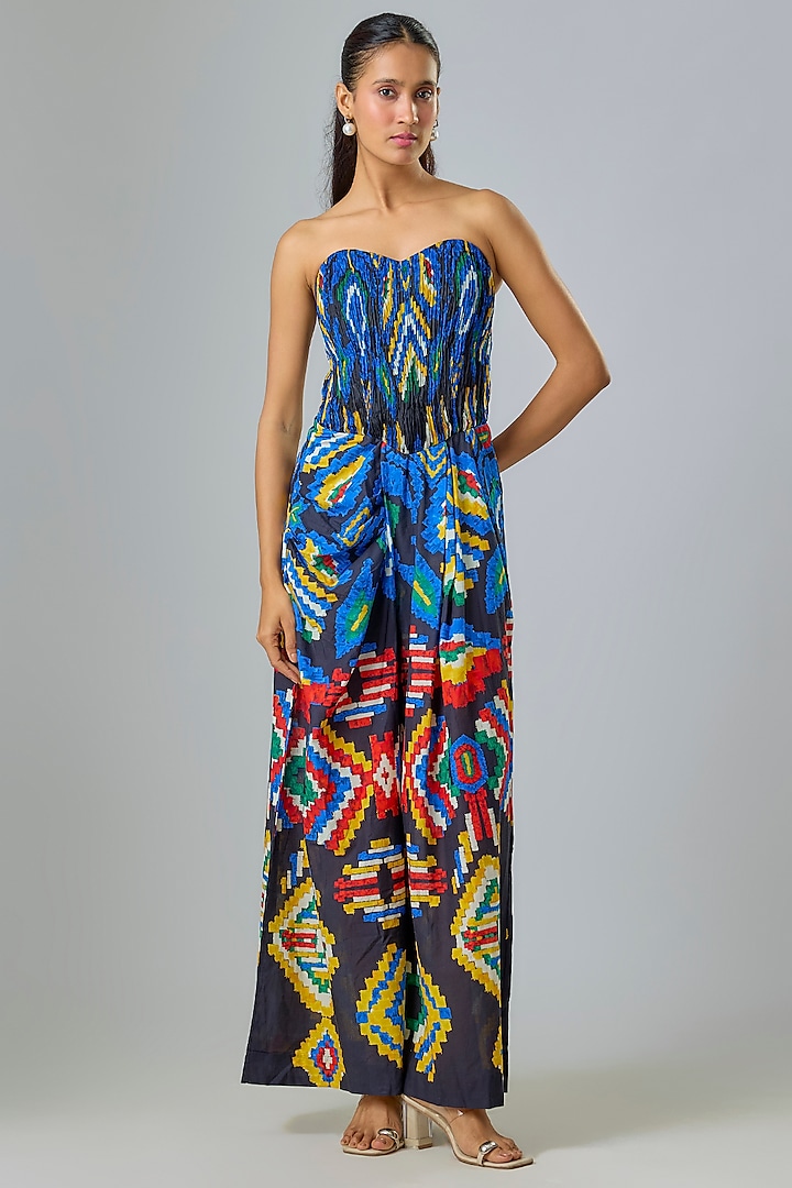 Black Cambric & Chiffon Aztec Printed Jumpsuit by Saaksha & Kinni at Pernia's Pop Up Shop