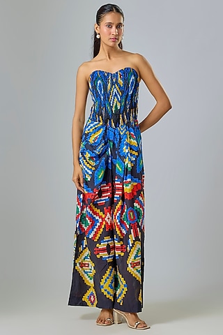 Black Cambric & Chiffon Aztec Printed Jumpsuit by Saaksha & Kinni