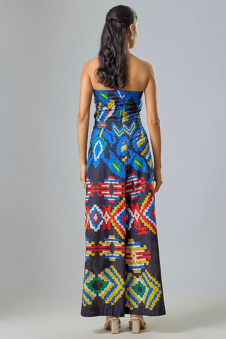 Black Cambric & Chiffon Aztec Printed Jumpsuit by Saaksha & Kinni at Pernia's Pop Up Shop