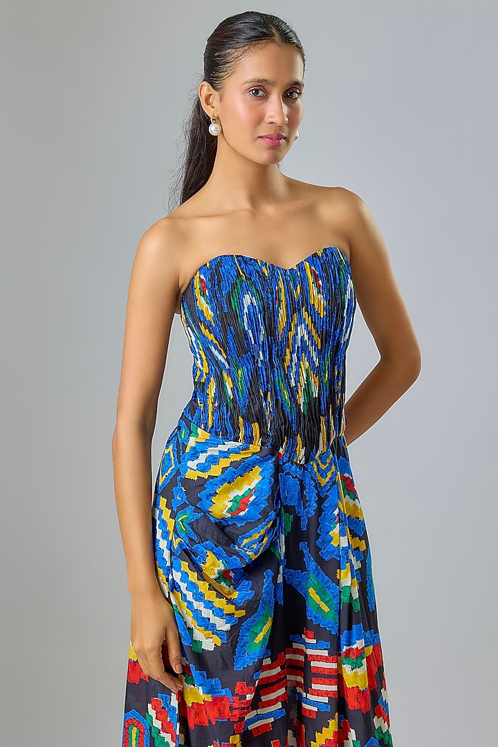 Black Cambric & Chiffon Aztec Printed Jumpsuit by Saaksha & Kinni at Pernia's Pop Up Shop