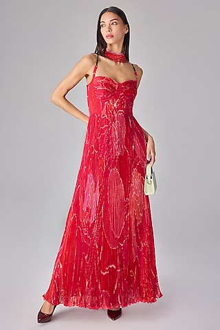 Pink Chiffon Abstract Floral Printed Pleated Maxi Dress by Saaksha & Kinni