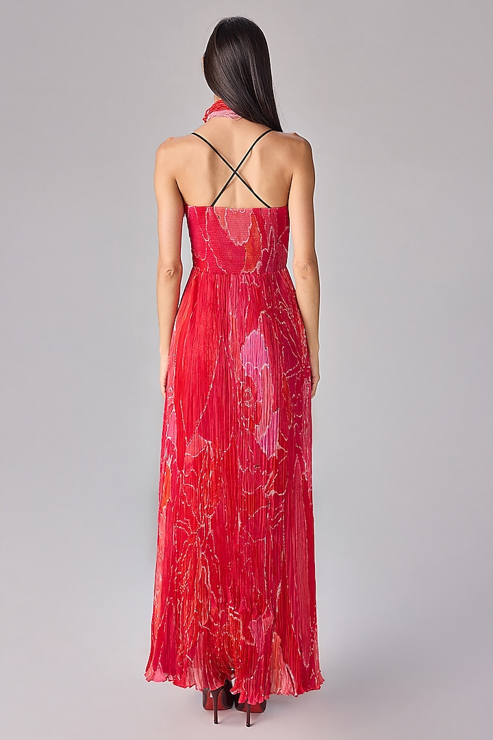 Pink Chiffon Abstract Floral Printed Pleated Maxi Vacation Dress by Saaksha & Kinni at Pernia's Pop Up Shop