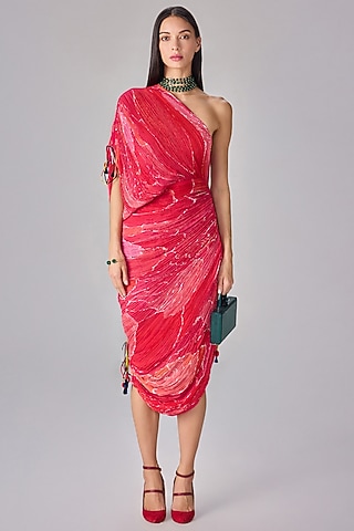 Pink Cotton Silk Abstract Floral Printed One-Shoulder Pleated Midi Dress by Saaksha & Kinni