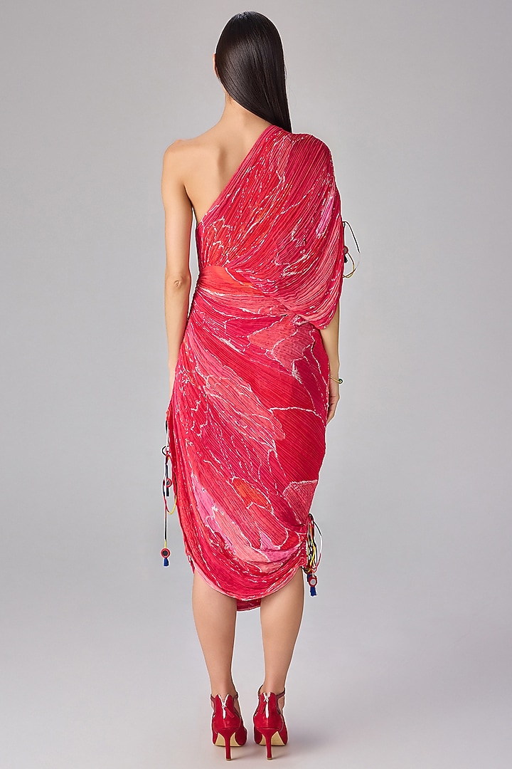 Pink Cotton Silk Abstract Floral Printed One-Shoulder Pleated Midi Vacation Dress by Saaksha & Kinni at Pernia's Pop Up Shop