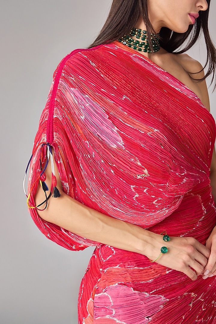 Pink Cotton Silk Abstract Floral Printed One-Shoulder Pleated Midi Vacation Dress by Saaksha & Kinni at Pernia's Pop Up Shop