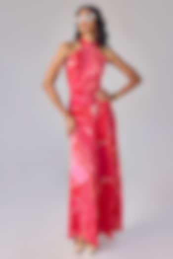 Pink Crepe Abstract Floral Printed Halter Maxi Vacation Dress by Saaksha & Kinni at Pernia's Pop Up Shop