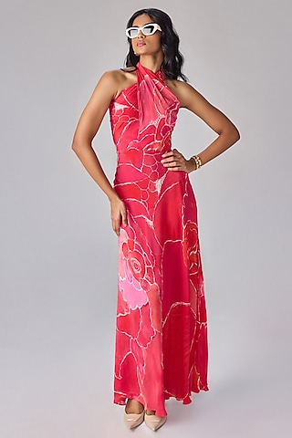 Pink Crepe Abstract Floral Printed Halter Maxi Dress by Saaksha & Kinni