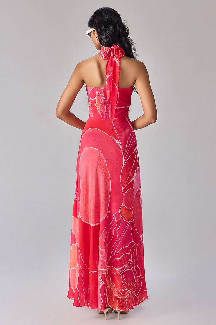 Pink Crepe Abstract Floral Printed Halter Maxi Vacation Dress by Saaksha & Kinni at Pernia's Pop Up Shop