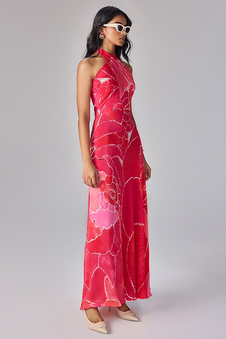 Pink Crepe Abstract Floral Printed Halter Maxi Vacation Dress by Saaksha & Kinni at Pernia's Pop Up Shop