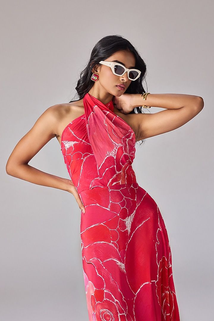 Pink Crepe Abstract Floral Printed Halter Maxi Vacation Dress by Saaksha & Kinni at Pernia's Pop Up Shop