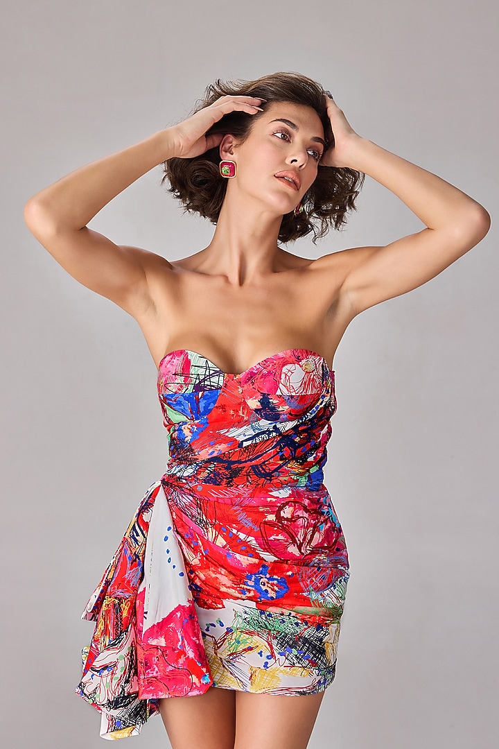 Multi-Colored Habutai Abstract Floral Printed Ruched Midi Vacation Dress by Saaksha & Kinni at Pernia's Pop Up Shop