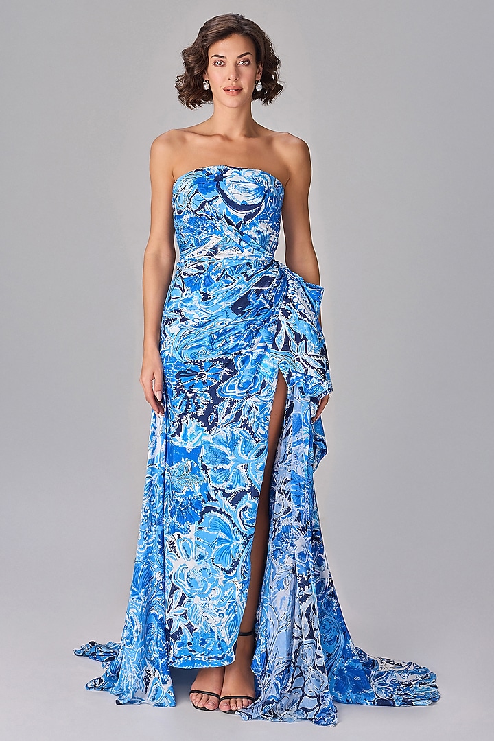 Blue Habutai Abstract Floral Printed Asymmetric Cocktail Dress by Saaksha & Kinni at Pernia's Pop Up Shop
