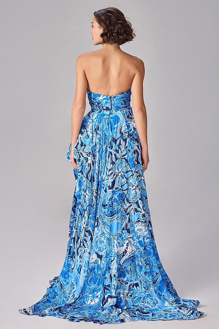 Blue Habutai Abstract Floral Printed Asymmetric Cocktail Dress by Saaksha & Kinni at Pernia's Pop Up Shop