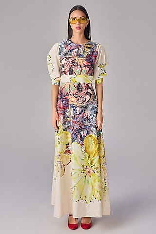 Multi-Colored Cambric Abstract Floral Printed A-Line Dress by Saaksha & Kinni