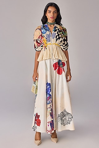 Multi-Colored Cotton Silk Floral Printed Micro-Pleated Blouse by Saaksha & Kinni