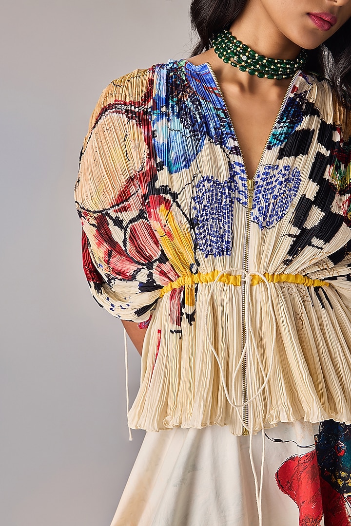Multi-Colored Cotton Silk Floral Printed Micro-Pleated Blouse by Saaksha & Kinni at Pernia's Pop Up Shop