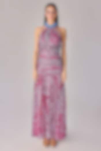 Purple Chiffon Abstract Floral Printed Halter Maxi Vacation Dress by Saaksha & Kinni at Pernia's Pop Up Shop
