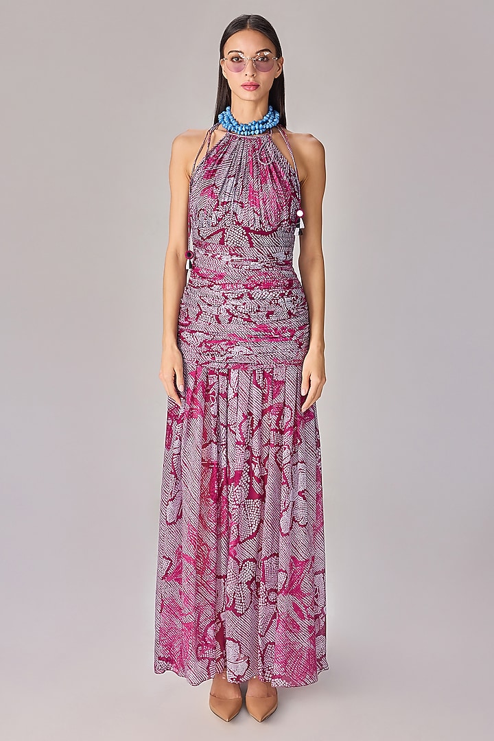 Purple Chiffon Abstract Floral Printed Halter Maxi Vacation Dress by Saaksha & Kinni at Pernia's Pop Up Shop