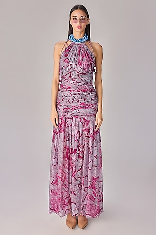 Purple Chiffon Abstract Floral Printed Halter Maxi Dress by Saaksha & Kinni