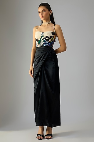 Black Satin Asymmetric Maxi Wrap Skirt by Saaksha & Kinni