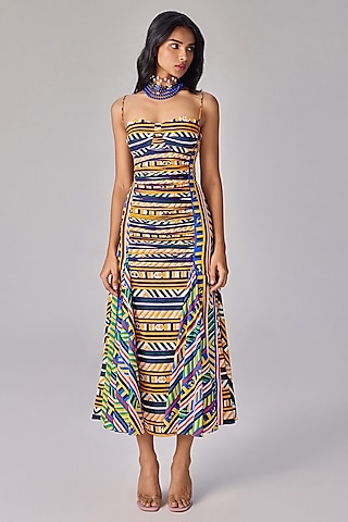 Multi-Colored Cambric Abstract Stripe Printed Maxi Dress by Saaksha & Kinni