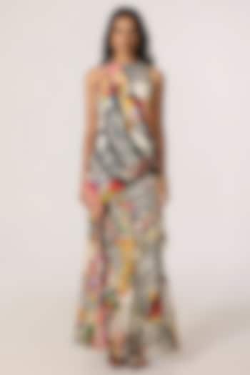 Multi-Colored Crepe Abstract Printed Ruffled Maxi Cocktail Dress by Saaksha & Kinni at Pernia's Pop Up Shop