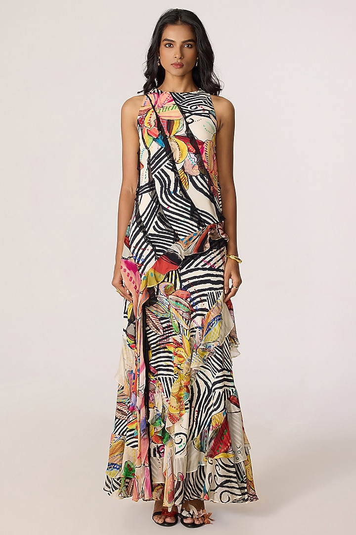 Multi-Colored Crepe Abstract Printed Ruffled Maxi Cocktail Dress by Saaksha & Kinni at Pernia's Pop Up Shop