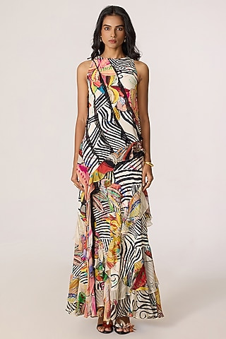 Multi-Colored Crepe Abstract Printed Ruffled Maxi Dress by Saaksha & Kinni