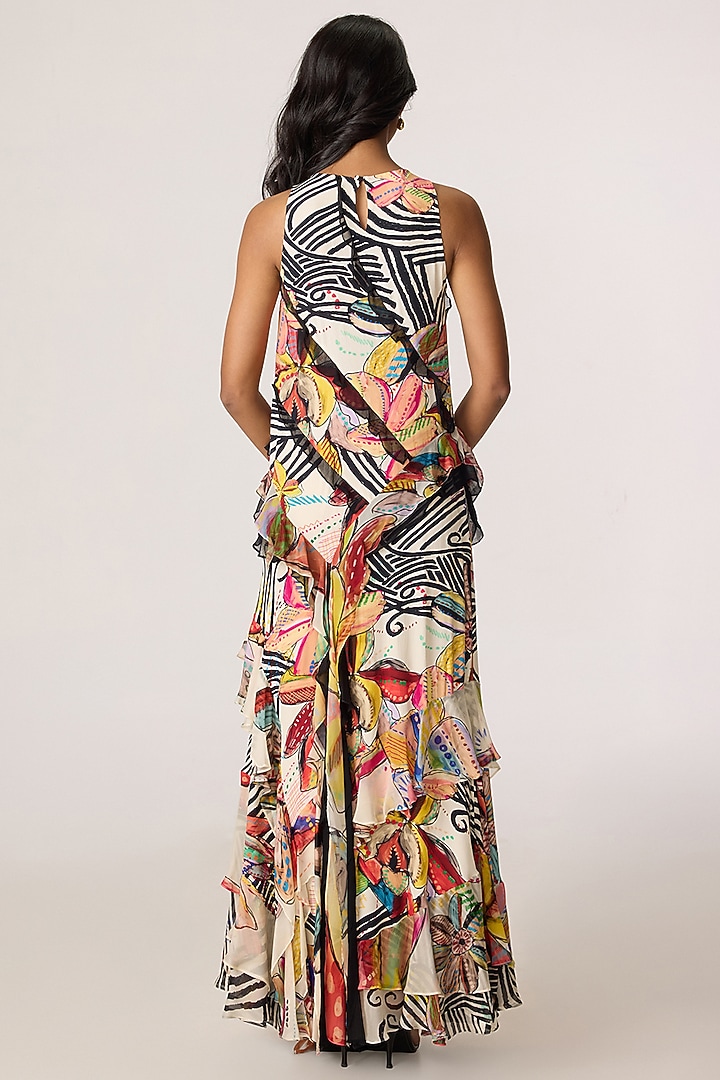 Multi-Colored Crepe Abstract Printed Ruffled Maxi Cocktail Dress by Saaksha & Kinni at Pernia's Pop Up Shop