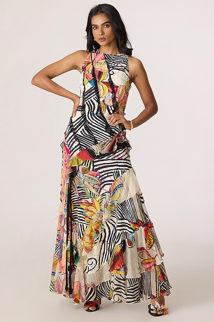 Multi-Colored Crepe Abstract Printed Ruffled Maxi Cocktail Dress by Saaksha & Kinni at Pernia's Pop Up Shop