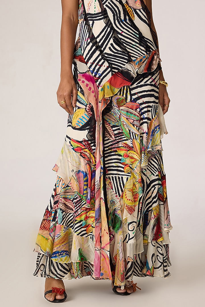 Multi-Colored Crepe Abstract Printed Ruffled Maxi Cocktail Dress by Saaksha & Kinni at Pernia's Pop Up Shop