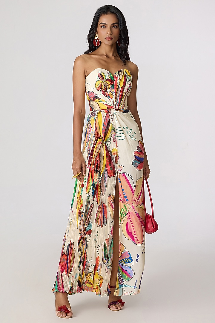 Multi-Colored Chiffon Abstract Tribal Printed Maxi Vacation Dress by Saaksha & Kinni at Pernia's Pop Up Shop