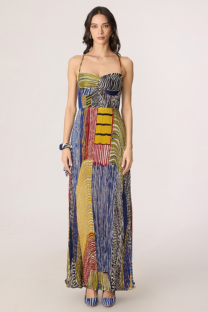 Multi-Colored Chiffon Abstract Stripe Printed Maxi Vacation Dress by Saaksha & Kinni at Pernia's Pop Up Shop