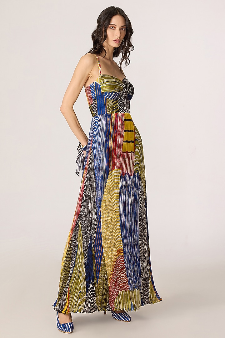 Multi-Colored Chiffon Abstract Stripe Printed Maxi Vacation Dress by Saaksha & Kinni at Pernia's Pop Up Shop