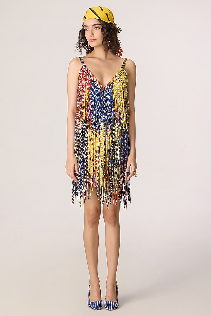 Multi-Colored Chiffon Striped Tasseled Mini Party Wear Dress by Saaksha & Kinni at Pernia's Pop Up Shop