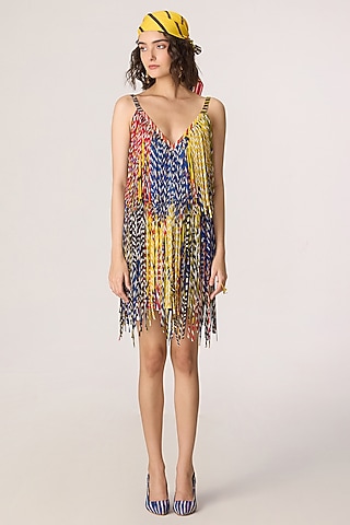 Multi-Colored Chiffon Striped Tasseled Mini Dress by Saaksha & Kinni