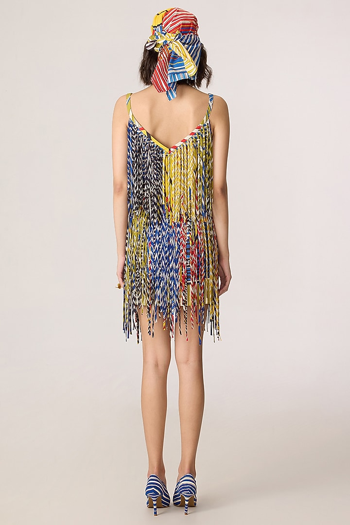 Multi-Colored Chiffon Striped Tasseled Mini Party Wear Dress by Saaksha & Kinni at Pernia's Pop Up Shop